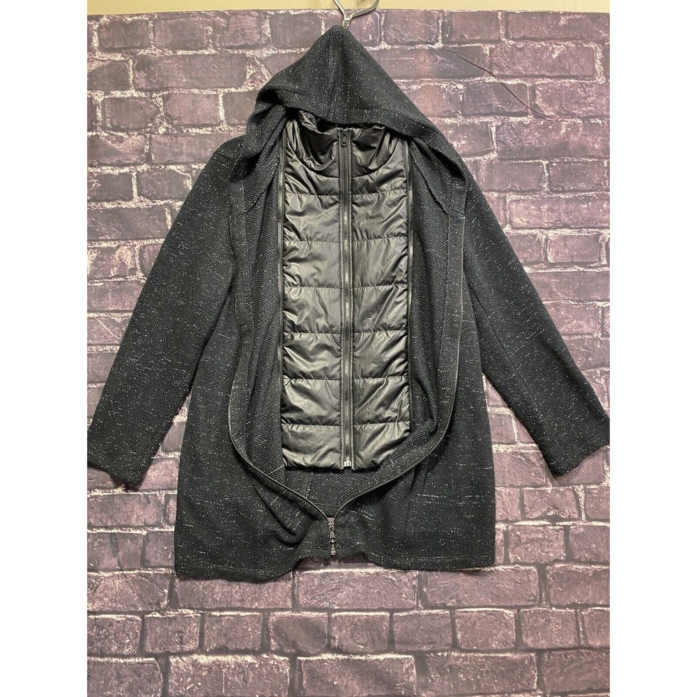 Chicos Zenergy Brianna Faux‎ Insert Jacket Womens Large Black Gray Hooded Vest